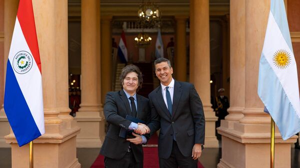 O presidente da Argentina, Javier Milei, con seu homólogo do Paraguai, Santiago Peña, em Assunção. Abril de 2025 - Sputnik Brasil
