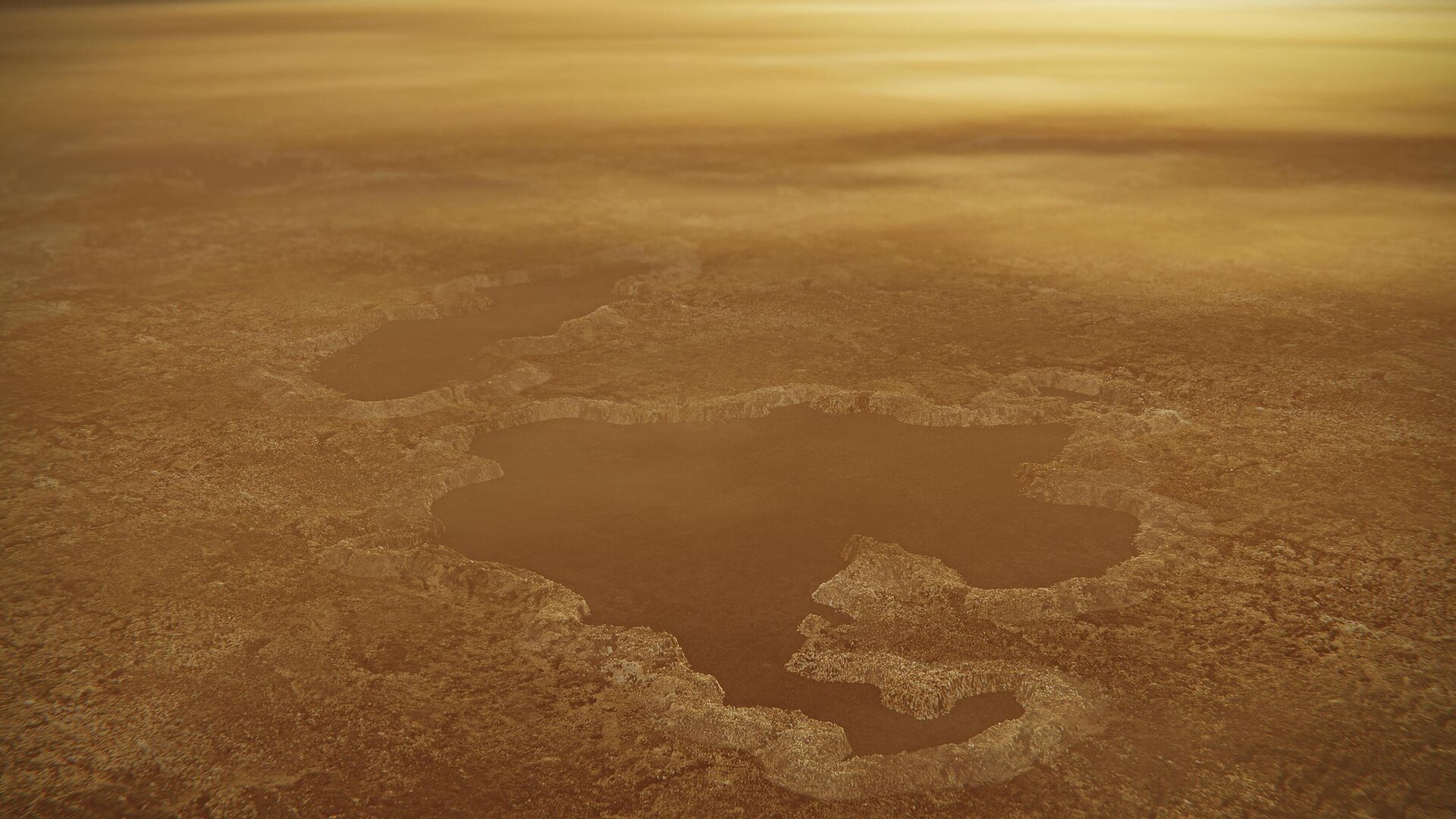 Este conceito artístico de um lago no polo norte da lua Titã de Saturno ilustra bordas elevadas e características semelhantes a muralhas, como aquelas vistas pela sonda Cassini da NASA ao redor do Winnipeg Lacus da lua Este conceito artístico de um lago no polo norte da lua Titã de Saturno ilustra bordas elevadas e características semelhantes a muralhas, como aquelas vistas pela sonda Cassini da NASA ao redor do Winnipeg Lacus da lua - Sputnik Brasil, 1920, 16.04.2025