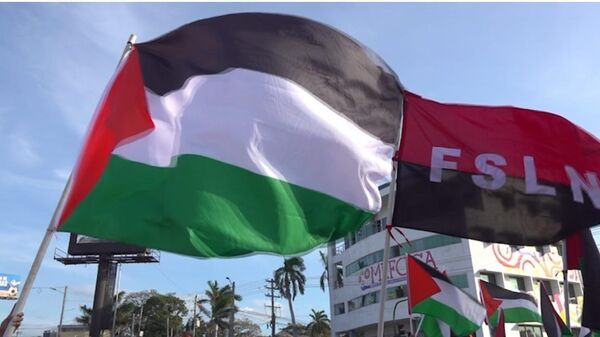 As bandeiras da Palestina e da Frente Sandinista de Libertação Nacional na Marcha pela Paz em Manágua - Sputnik Brasil
