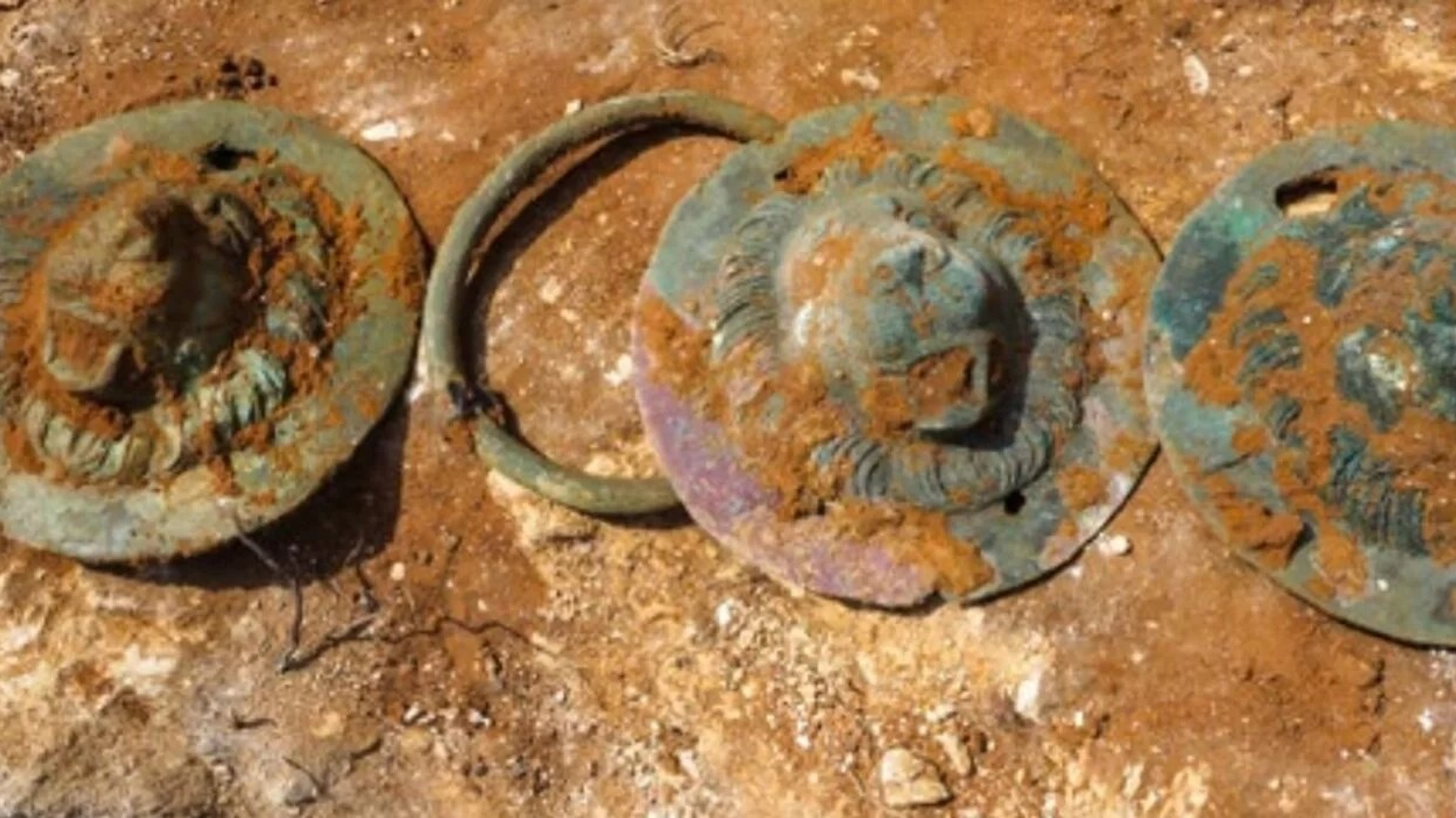 Três discos de cabeça de leão recuperados da Tumba T6, conforme a pesquisa Três discos de cabeça de leão recuperados da Tumba T6, conforme a pesquisa - Sputnik Brasil, 1920, 30.04.2025