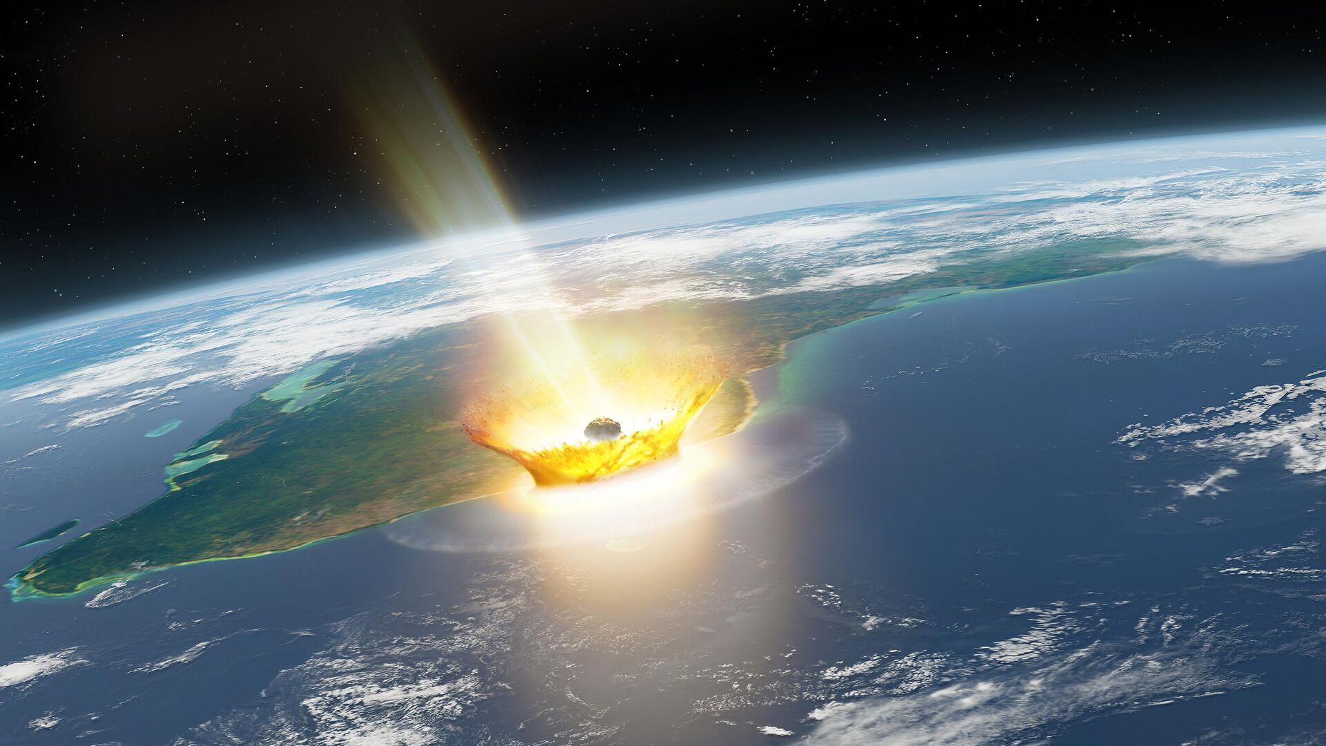 Ilustração de um grande asteroide colidindo com a Terra na Península de Yucatán, no México Ilustração de um grande asteroide colidindo com a Terra na Península de Yucatán, no México - Sputnik Brasil, 1920, 30.04.2025