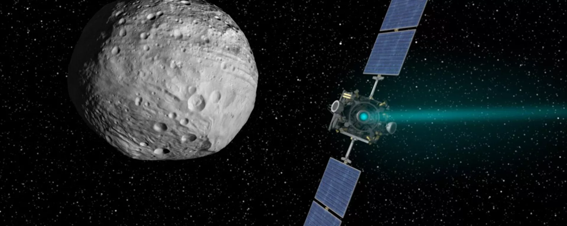 Ilustração artística mostra a Dawn se aproximando de Vesta, com seu motor iônico - Sputnik Brasil, 1920, 01.05.2025