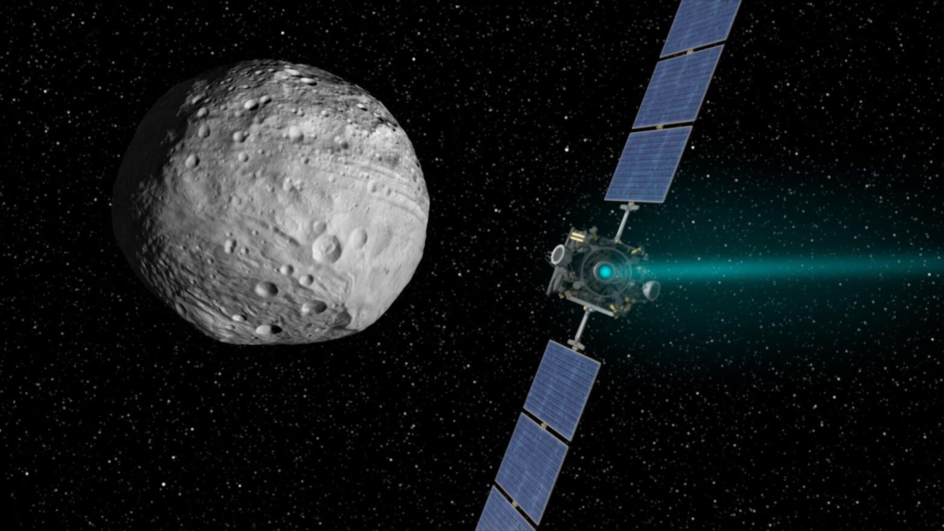 Ilustração artística mostra a Dawn se aproximando de Vesta, com seu motor iônico Ilustração artística mostra a Dawn se aproximando de Vesta, com seu motor iônico - Sputnik Brasil, 1920, 01.05.2025
