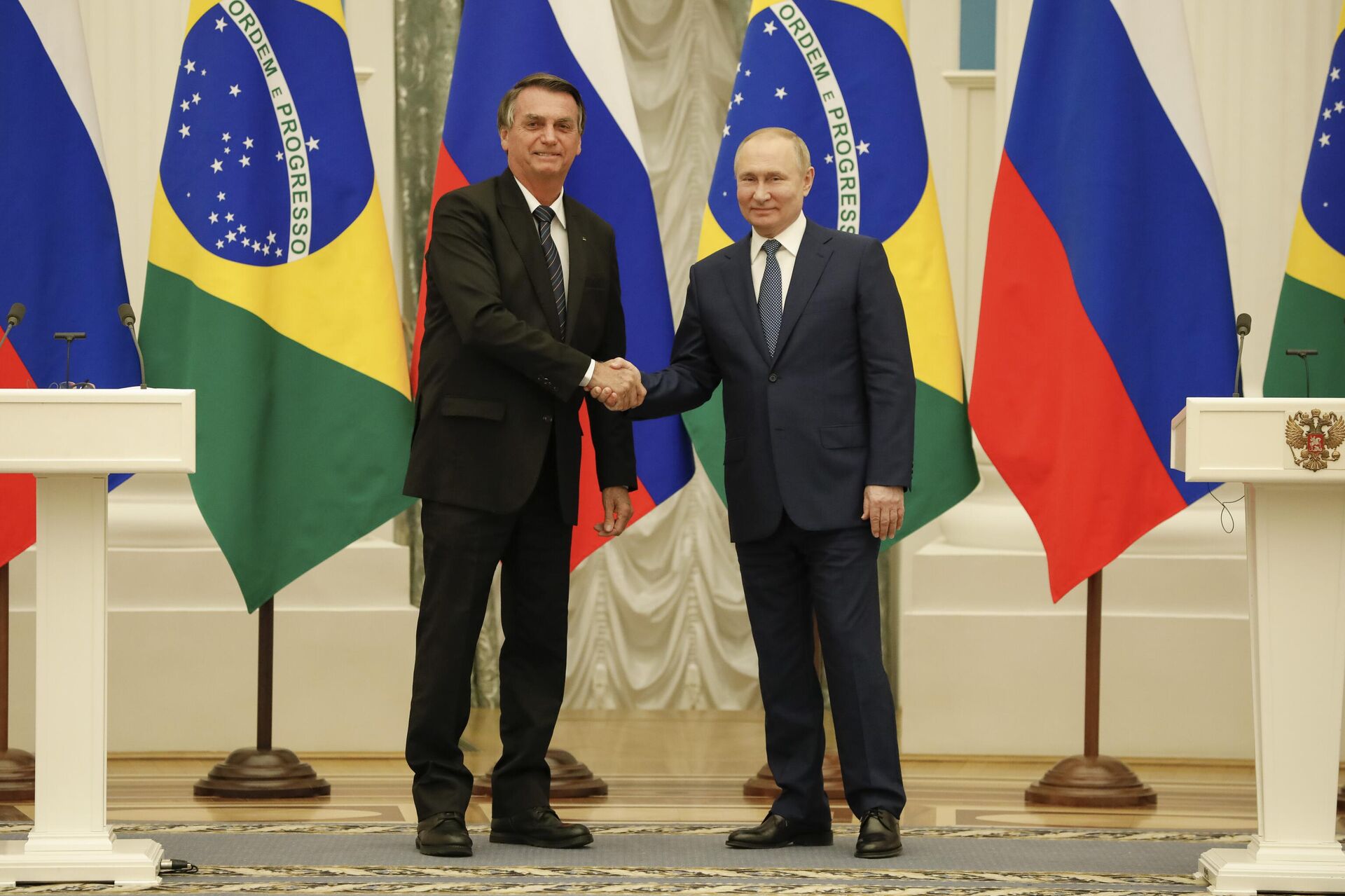 Jair Bolsonaro e Vladimir Putin durante declaração à Imprensa em Moscou. Rússia, 16 de fevereiro de 2022 Jair Bolsonaro e Vladimir Putin durante declaração à Imprensa em Moscou. Rússia, 16 de fevereiro de 2022