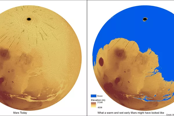 Uma imagem do estado atual do planeta Marte (E) e de Marte coberto por oceanos no passado - Sputnik Brasil