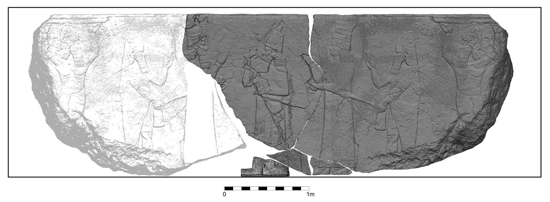 Modelo 3D do relevo: os achados são marcados em cinza escuro, a parte cinza claro representa uma reconstrução baseada nos achados. Rei Ashurbanipal é representado no centro, ladeado pelo deus Ashur (esquerda) e Ishtar, deusa padroeira de Nínive (direita). Ambos são acompanhados por um gênio peixe e uma figura de apoio com braços levantados. Modelo 3D do relevo: os achados são marcados em cinza escuro, a parte cinza claro representa uma reconstrução baseada nos achados. Rei Ashurbanipal é representado no centro, ladeado pelo deus Ashur (esquerda) e Ishtar, deusa padroeira de Nínive (direita). Ambos são acompanhados por um gênio peixe e uma figura de apoio com braços levantados.