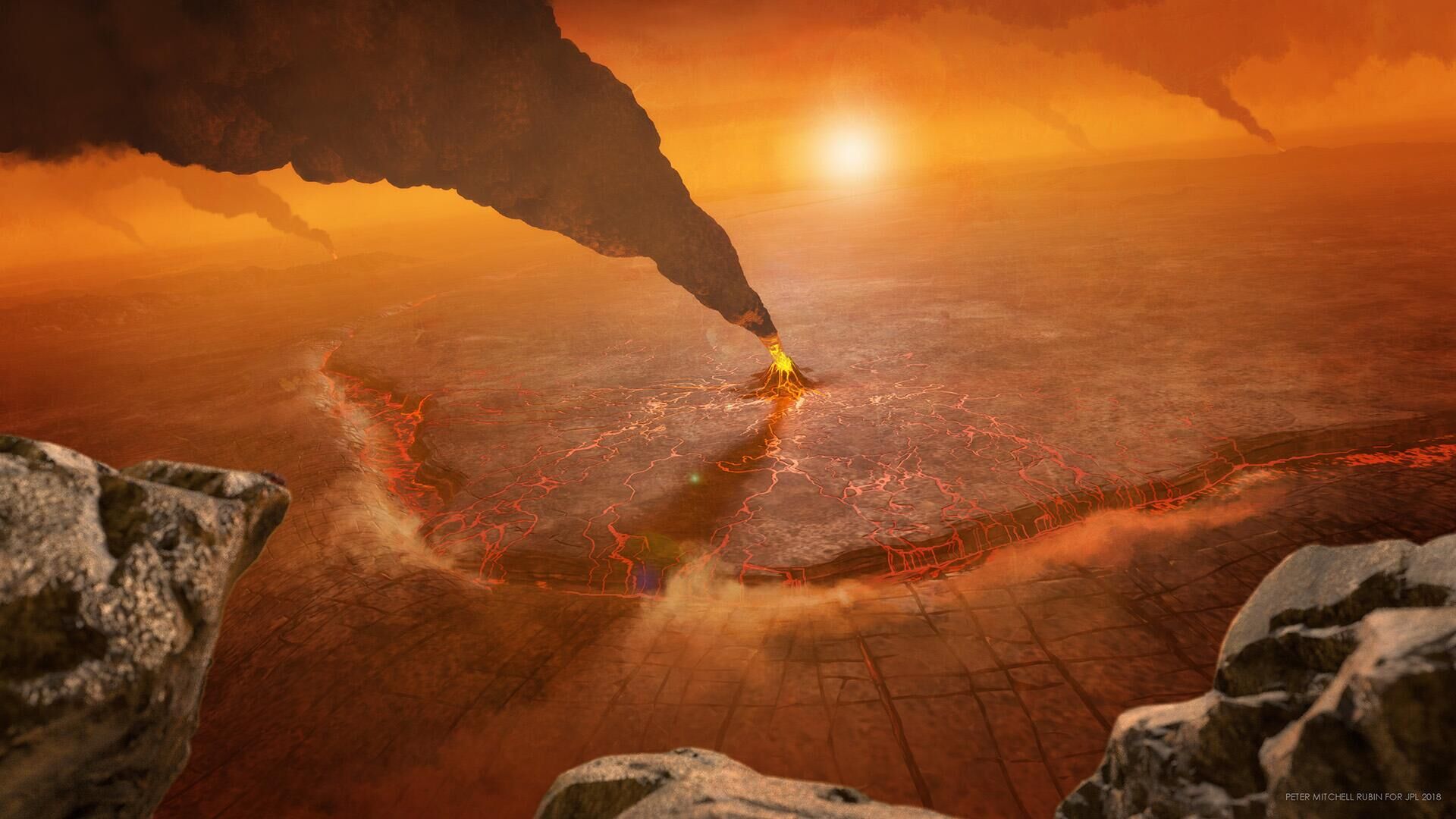 Esta concepção artística da grande Coroa de Quetzalpetlatl, localizada no hemisfério Sul de Vênus, retrata vulcanismo ativo e uma zona de subducção, onde a crosta em primeiro plano mergulha no interior do planeta Esta concepção artística da grande Coroa de Quetzalpetlatl, localizada no hemisfério Sul de Vênus, retrata vulcanismo ativo e uma zona de subducção, onde a crosta em primeiro plano mergulha no interior do planeta - Sputnik Brasil, 1920, 15.05.2025