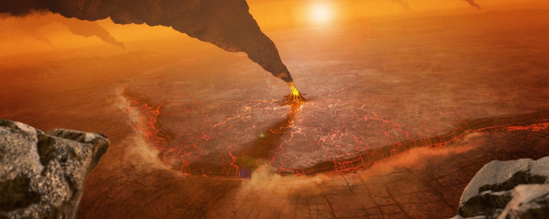 Esta concepção artística da grande Coroa de Quetzalpetlatl, localizada no hemisfério Sul de Vênus, retrata vulcanismo ativo e uma zona de subducção, onde a crosta em primeiro plano mergulha no interior do planeta Esta concepção artística da grande Coroa de Quetzalpetlatl, localizada no hemisfério Sul de Vênus, retrata vulcanismo ativo e uma zona de subducção, onde a crosta em primeiro plano mergulha no interior do planeta - Sputnik Brasil, 1920, 17.10.2025