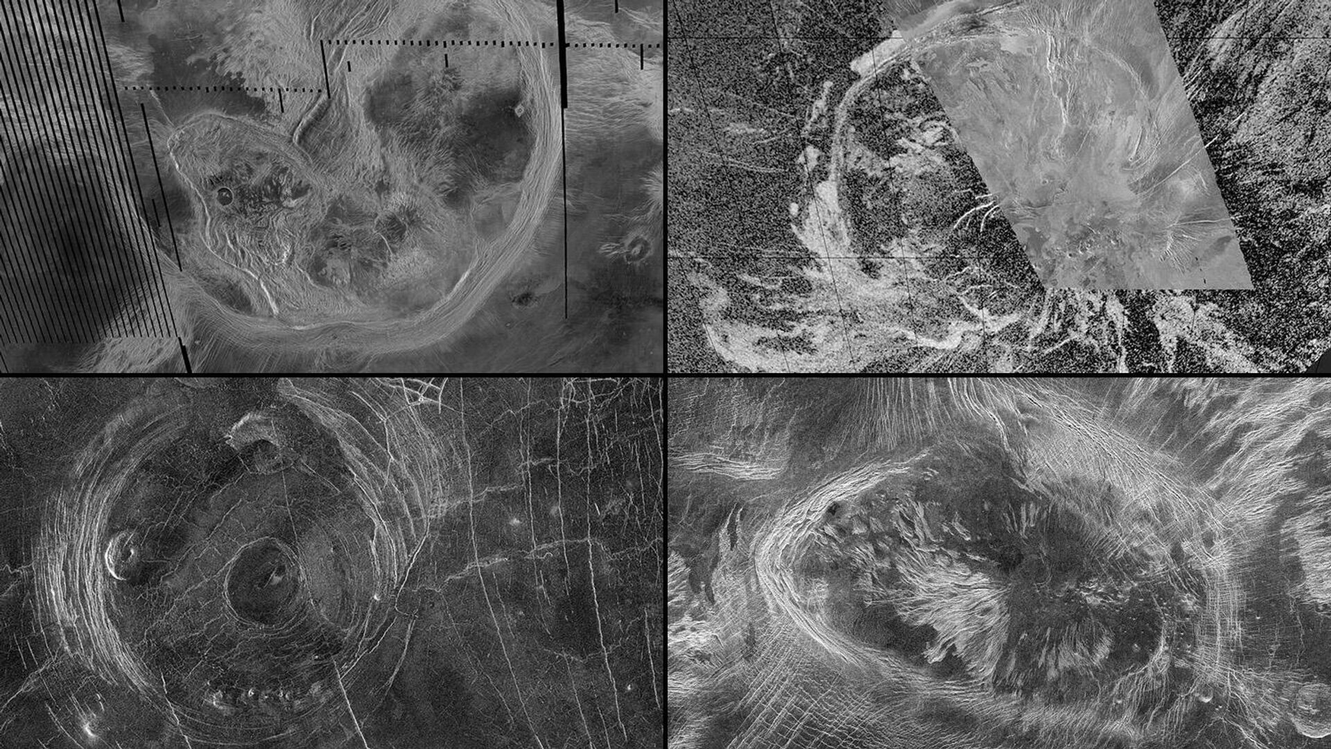 Novas pesquisas sugerem que vastas formações superficiais em Vênus, chamadas coronas, continuam sendo moldadas por processos tectônicos. As observações dessas formações da missão Magellan da NASA incluem, no sentido horário a partir do canto superior esquerdo, as coronas Artemis, Quetzalpetlatl, Bahet e Fotla Novas pesquisas sugerem que vastas formações superficiais em Vênus, chamadas coronas, continuam sendo moldadas por processos tectônicos. As observações dessas formações da missão Magellan da NASA incluem, no sentido horário a partir do canto superior esquerdo, as coronas Artemis, Quetzalpetlatl, Bahet e Fotla
