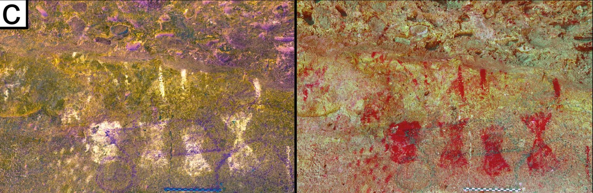 A cena de arte rupestre aqui é conhecida como bi-triangular e consiste em oito triângulos opostos, um sobre o outro. As cores foram aprimoradas com software de computador. - Sputnik Brasil, 1920, 17.05.2025