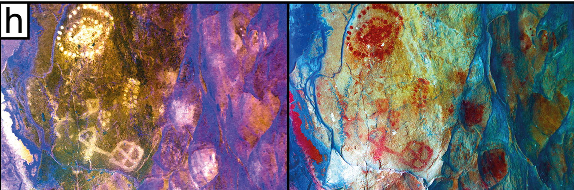 A arte rupestre vista aqui tem uma variedade de padrões geométricos, que foram aprimorados com software digital. A arte rupestre vista aqui tem uma variedade de padrões geométricos, que foram aprimorados com software digital.