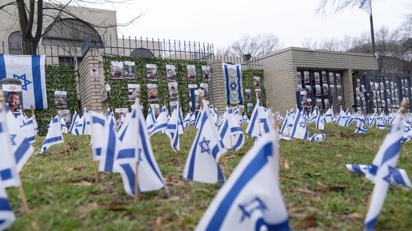 Bandeiras israelenses são vistas na grama enquanto manifestantes se reúnem durante uma manifestação pró-Palestina em frente à Embaixada de Israel em Washington, 2 de março de 2024 - Sputnik Brasil