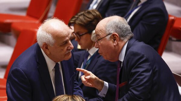 O embaixador palestino na ONU, Riyad Mansour (à esquerda), fala com o ministro das Relações Exteriores do Brasil, Mauro Vieira, durante uma reunião do Conselho de Segurança das Nações Unidas sobre a situação no Oriente Médio, 29 de outubro de 2024 - Sputnik Brasil