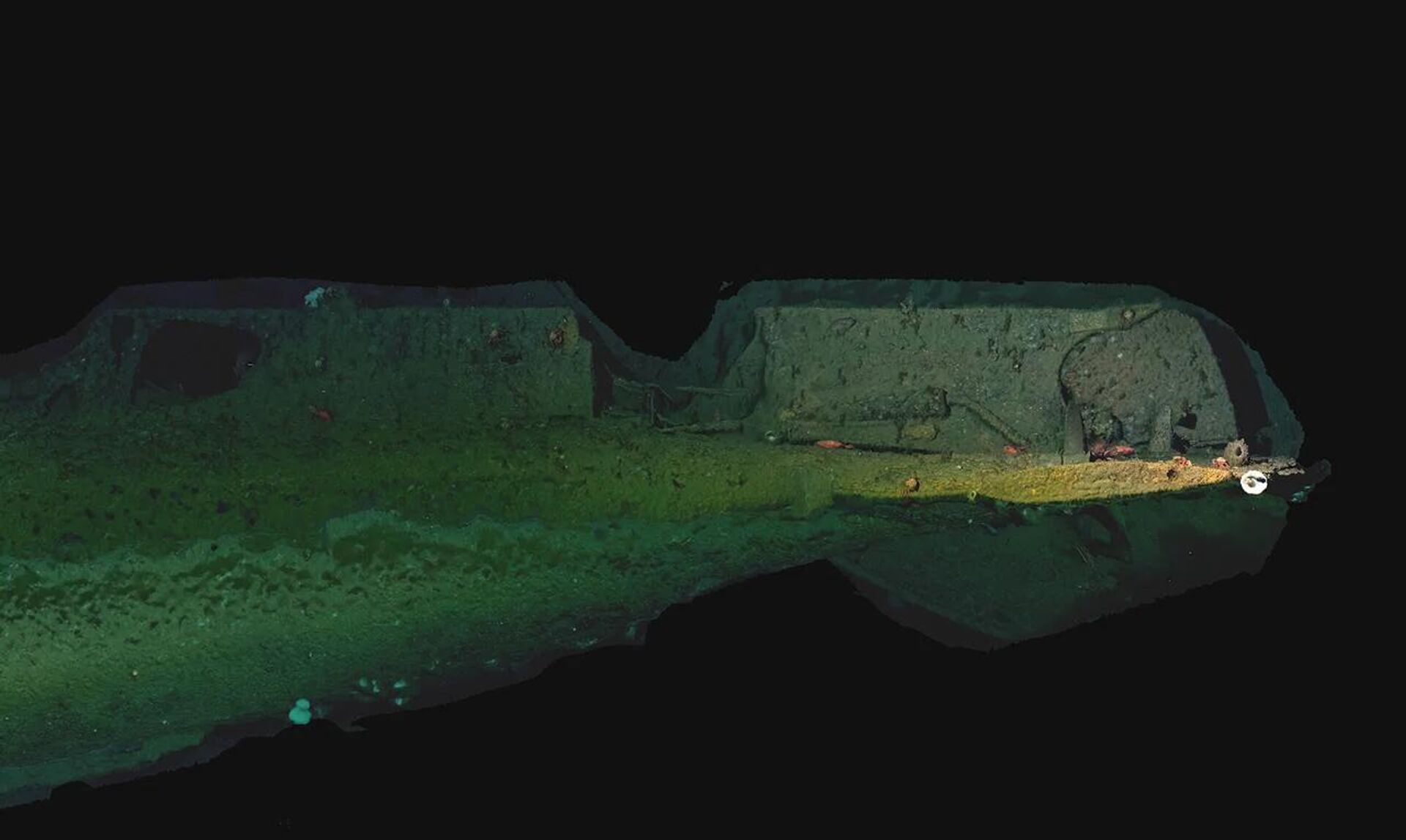 Reconstrução fotogramétrica do submarino USS F-1 mostrando a popa e a hélice do submarino. Reconstrução fotogramétrica do submarino USS F-1 mostrando a popa e a hélice do submarino.
