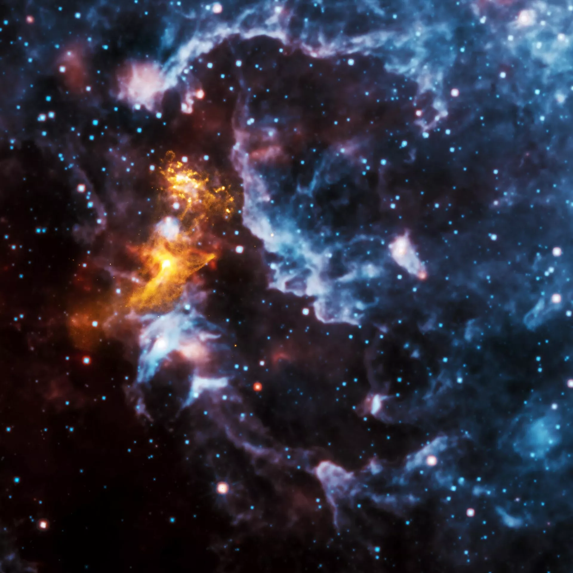 Em uma nova imagem do sistema, raios-X do Chandra em dourado são vistos juntamente com dados infravermelhos do telescópio Wide-field Infrared Survey Explorer (WISE) da NASA em vermelho, verde e azul. A pareidolia — fenômeno psicológico em que as pessoas veem formas reconhecíveis em nuvens — pode ocorrer novamente, já que algumas pessoas relatam ter visto o formato de um rosto nos dados infravermelhos do WISE - Sputnik Brasil, 1920, 28.05.2025