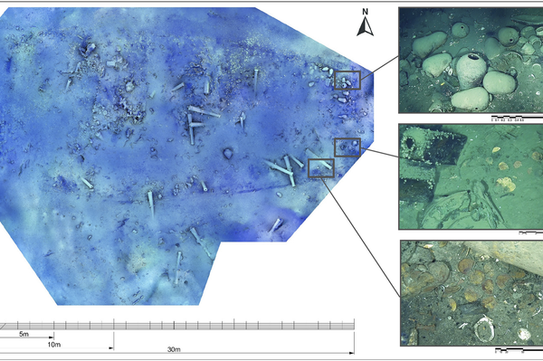 Três áreas de depósitos de cobs foram identificadas tanto a bombordo (b e c) quanto a estibordo (a) da seção de popa. Elas estão distribuídas em agrupamentos, cercadas por artefatos da carga, peças de artilharia e objetos do cotidiano a bordo do navio - Sputnik Brasil