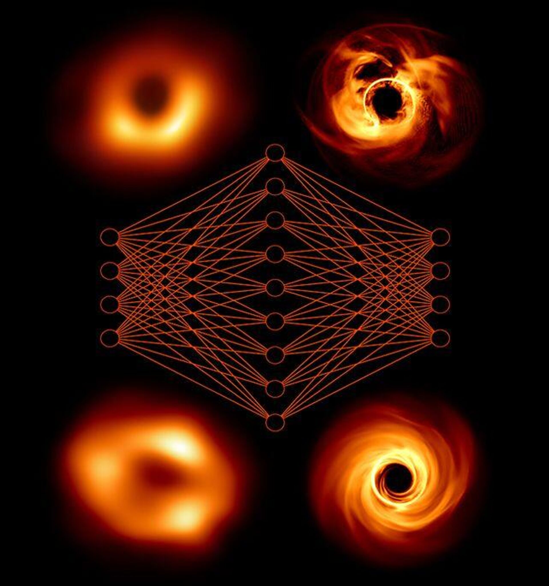 Impressão artística de uma rede neural que conecta buracos negros simulados (D) a observações reais (E) Impressão artística de uma rede neural que conecta buracos negros simulados (D) a observações reais (E)