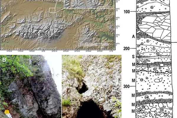 A) Caverna Oblazowa georreferenciada com escala; B) fotos da entrada da caverna que se localiza na fronteira sul da Polônia - Sputnik Brasil