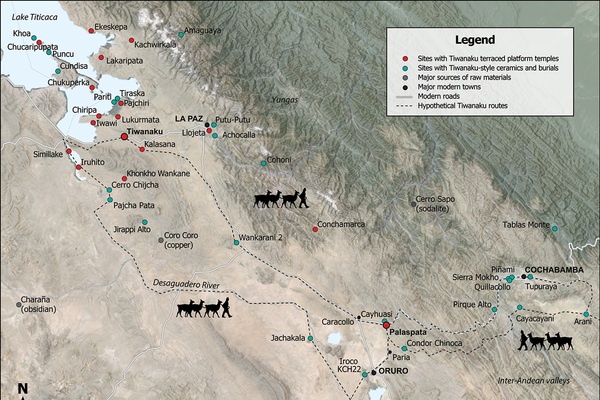 Mapa mostrando sítios arqueológicos associados às ocupações Tiwanaku (vermelho); sítios arqueológicos com sepultamentos e cerâmicas associadas à cultura Tiwanaku (azul); fontes de recursos naturais (cinza); torres modernas (preto); estradas modernas (linha cinza); rotas Tiwanaku hipotéticas (linhas pontilhadas). - Sputnik Brasil