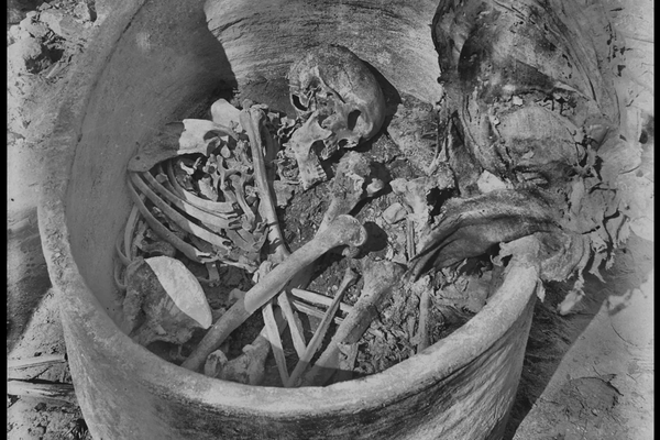 Vaso de cerâmica e restos arqueológicos do indivíduo Nuwayrat, conforme descoberto em 1902 - Sputnik Brasil