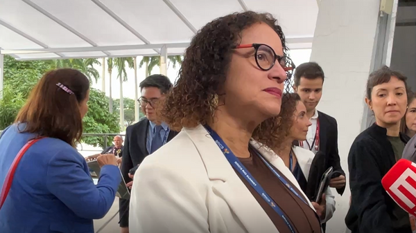 Ministra da Ciência, Tecnologia e Inovação, Luciana Santos, durante entrevista coletiva em meio à Cúpula do BRICS. Rio de Janeiro,  Brasil, 6 de julho de 2025 - Sputnik Brasil