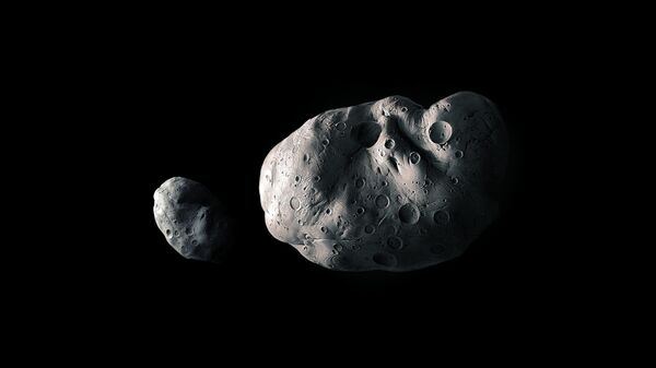 Asteroide grande e pequeno em um fundo preto, ilustração 3D de asteroides rochosos - Sputnik Brasil