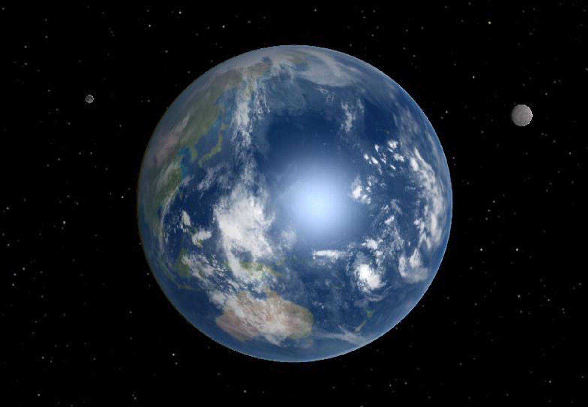 Concepção artística da Terra com duas luas, gerada em Celestia com o complemento de Eugene Stauffer Concepção artística da Terra com duas luas, gerada em Celestia com o complemento de Eugene Stauffer