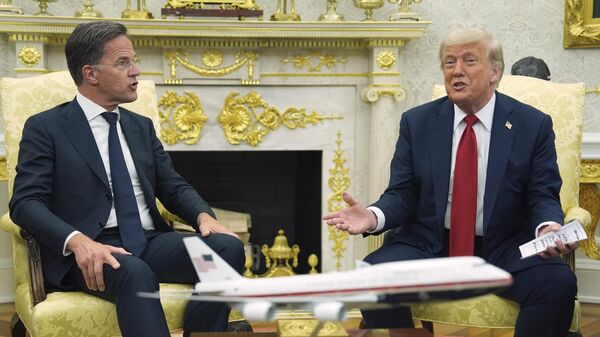 O presidente norte-americano, Donald Trump, fala com a imprensa durante uma reunião com o secretário-geral da OTAN, Mark Rutte. Washington, D.C., 14 de julho de 2025 - Sputnik Brasil