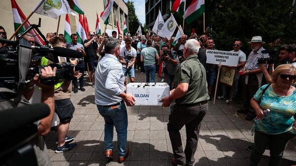 Com esterco, agricultores húngaros protestam no prédio da Comissão Europeia em Budapeste, em 16 de julho de 2025 - Sputnik Brasil