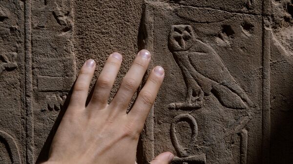 Close-up de um homem tocando hieróglifos egípcios em uma coluna no Complexo do Templo de Karnak, Luxor, Egito - Sputnik Brasil