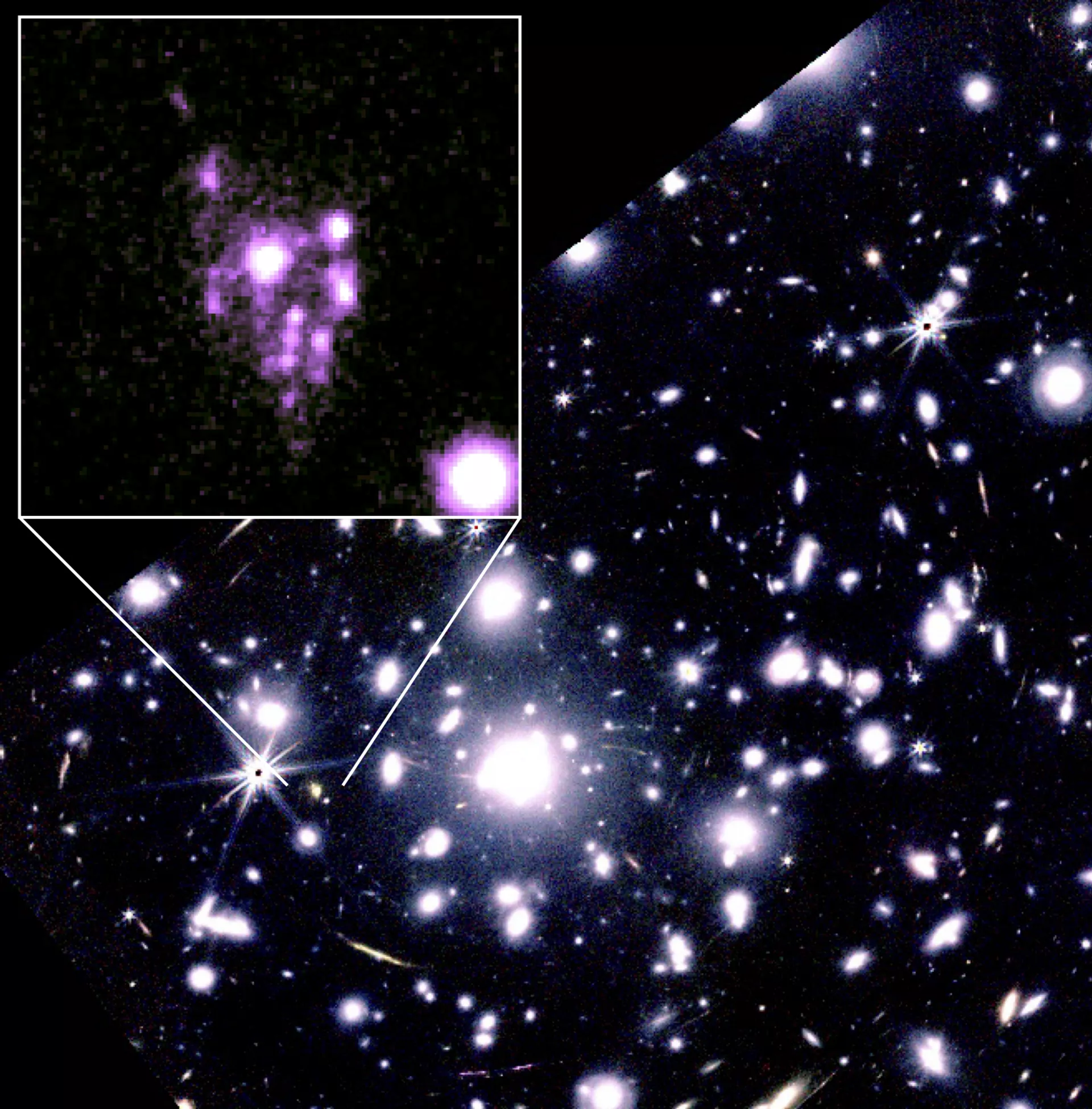 Imagens no infravermelho próximo obtidas pelo JWST do aglomerado de galáxias RXCJ0600-2007, que causa um poderoso efeito de lente gravitacional. Observações inéditas de alta resolução revelaram a estrutura de uma galáxia distante no universo primordial — composta por mais de 15 aglomerados compactos formadores de estrelas, dispostos como um cacho de uvas (no detalhe) - Sputnik Brasil, 1920, 13.08.2025