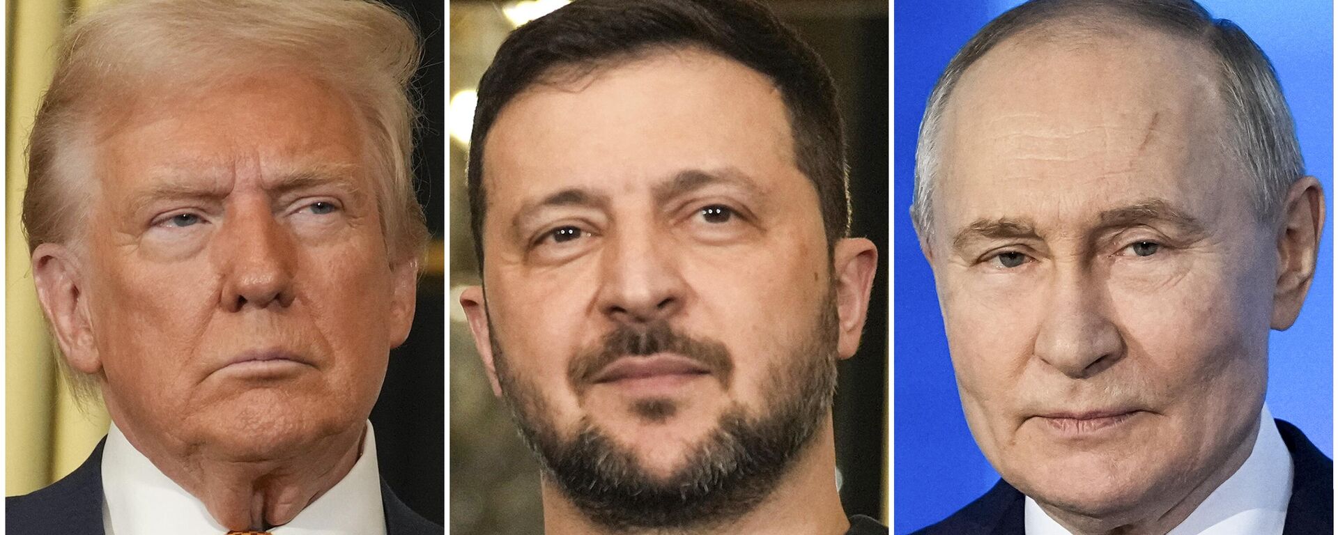 In this combination of file photos, President Donald Trump, left, and Volodymyr Zelensky, center, are seen at the Elysee Palace, Dec. 7, 2024 in Paris, and President Vladimir Putin, right, addresses a Technology Forum in Moscow, Russia, Feb. 21, 2025.  - Sputnik Brasil, 1920, 19.08.2025