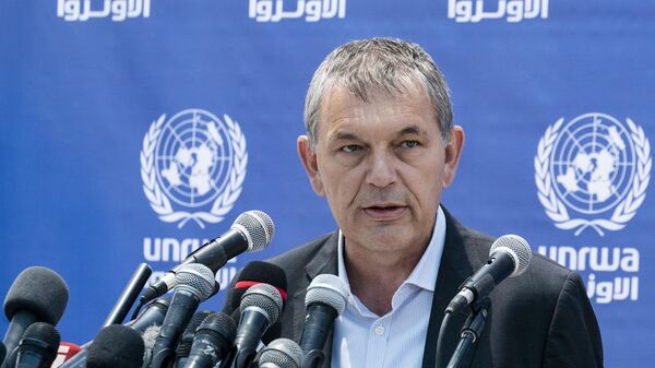 Philippe Lazzarini, Comissário-Geral da Agência das Nações Unidas de Assistência aos Refugiados da Palestina no Oriente Próximo (UNRWA), fala durante coletiva de imprensa em 23 de maio de 2021, na Cidade de Gaza - Sputnik Brasil