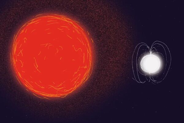 Ilustração artística mostrando uma gigante vermelha ao lado de uma estrela de nêutrons - Sputnik Brasil