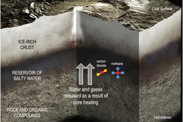 Esta ilustração mostra o interior do planeta anão Ceres em três camadas (o núcleo rochoso, um reservatório de água salgada e sua crosta rica em gelo), incluindo a transferência de água e gases do núcleo rochoso para um reservatório de água salgada (indicado pelas setas ascendentes). Dióxido de carbono e metano estão entre as moléculas, representadas na imagem, que transportam energia química abaixo da superfície de Ceres Esta ilustração mostra o interior do planeta anão Ceres em três camadas (o núcleo rochoso, um reservatório de água salgada e sua crosta rica em gelo), incluindo a transferência de água e gases do núcleo rochoso para um reservatório de água salgada (indicado pelas setas ascendentes). Dióxido de carbono e metano estão entre as moléculas, representadas na imagem, que transportam energia química abaixo da superfície de Ceres - Sputnik Brasil
