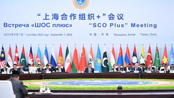 O presidente da República Popular da China (RPC), Xi Jinping (centro), em uma reunião no formato OCX Plus com a participação dos chefes de estado da Organização de Cooperação de Xangai (OCX), chefes de estados observadores da OCX e chefes de organizações internacionais em Tianjin, na China - Sputnik Brasil