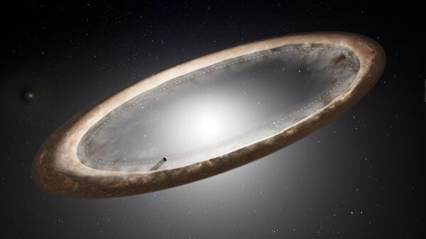 A estrela brilhante no centro, Fomalhaut, é cercada por um antigo disco de detritos de brilho irregular. O disco está mais próximo da estrela ao sul, onde é mais largo e mais tênue, e mais distante da estrela ao norte, onde é mais estreito e mais brilhante. O anel pontilhado mostra a possível órbita de um planeta sugerida por pesquisadores - Sputnik Brasil