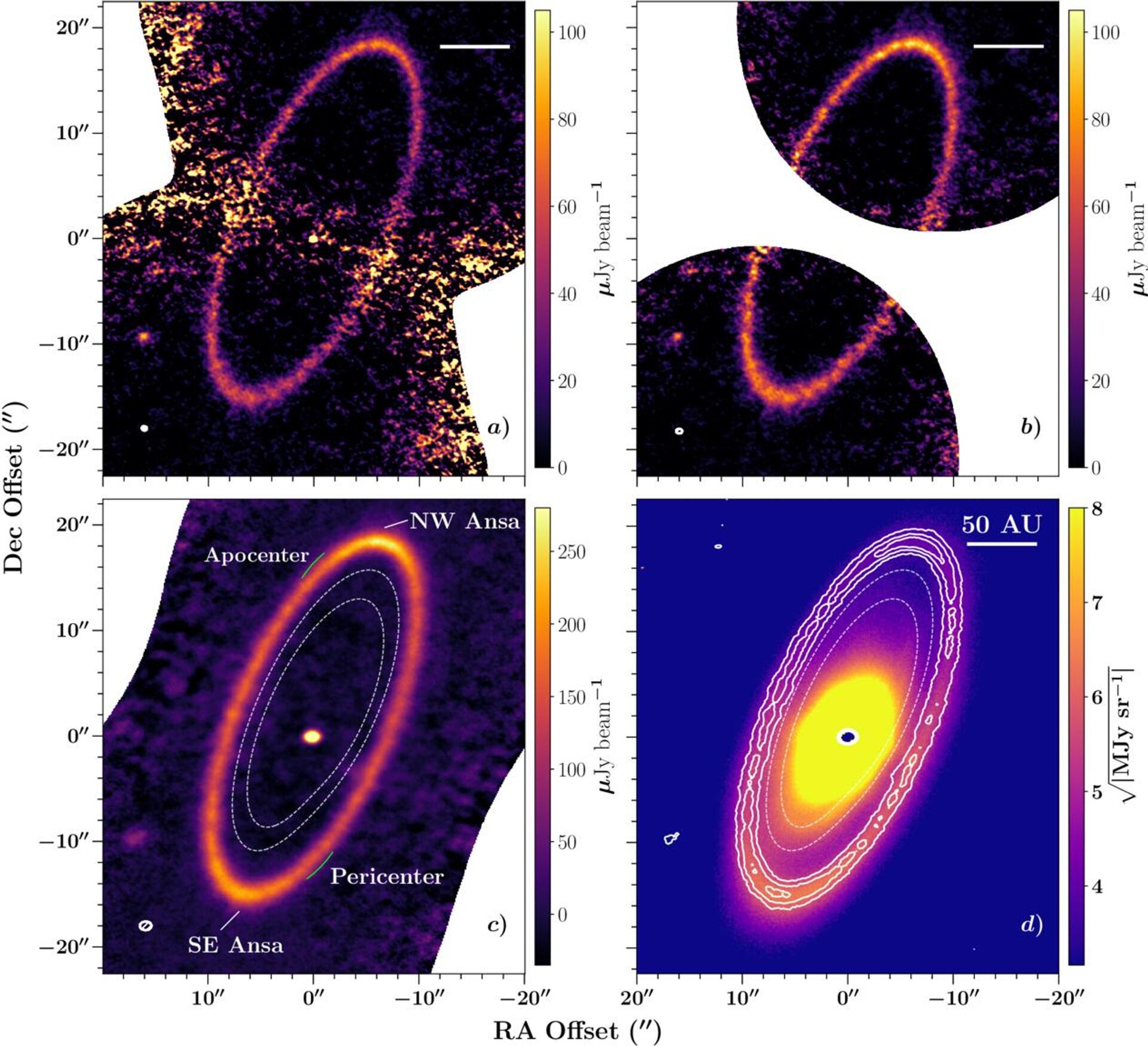 O disco de detritos de Fomalhaut apresenta um gradiente de excentricidade negativo, onde quanto mais distante uma parte do disco estiver da estrela, menos excêntrico ele será. O lado SE do disco é 4 UA mais largo que o lado NW. As curvas tracejadas mais fracas nas imagens inferiores denotam os limites do cinturão interno (CI) do disco - Sputnik Brasil, 1920, 10.09.2025