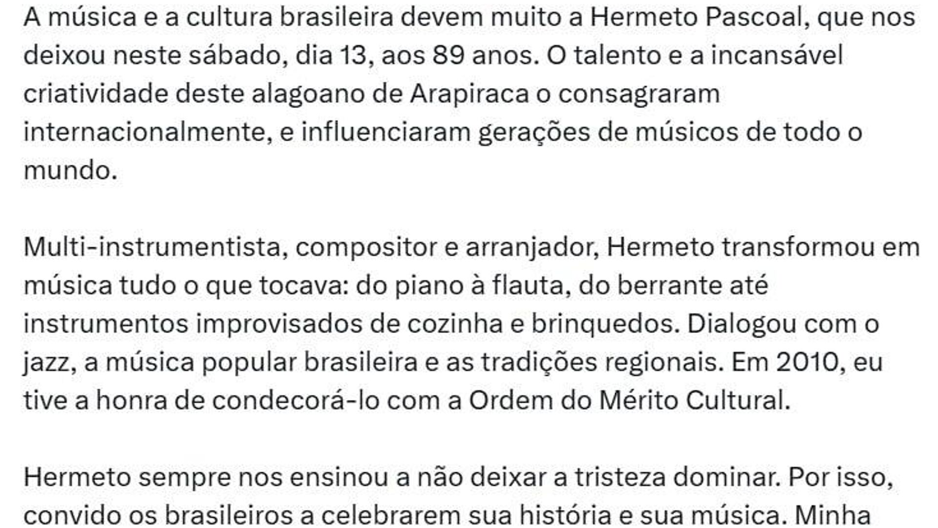 Presidente Lula expressa condolências a família do músico Hermeto Pascoal Presidente Lula expressa condolências a família do músico Hermeto Pascoal - Sputnik Brasil, 1920, 14.09.2025