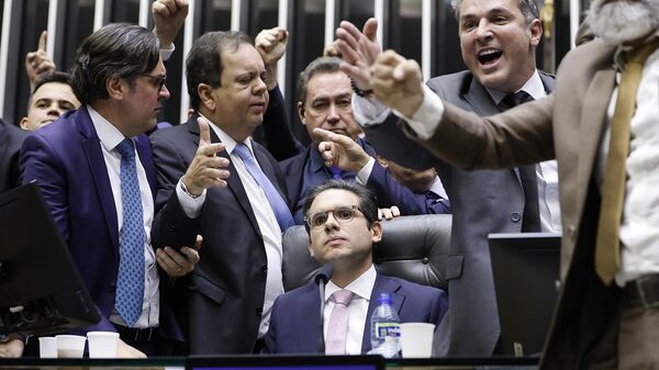 O presidente da Câmara dos Deputados, Hugo Motta (Republicanos-PB), em sessão extraordinária em meio a motim de parlamentares no mês de agosto - Sputnik Brasil