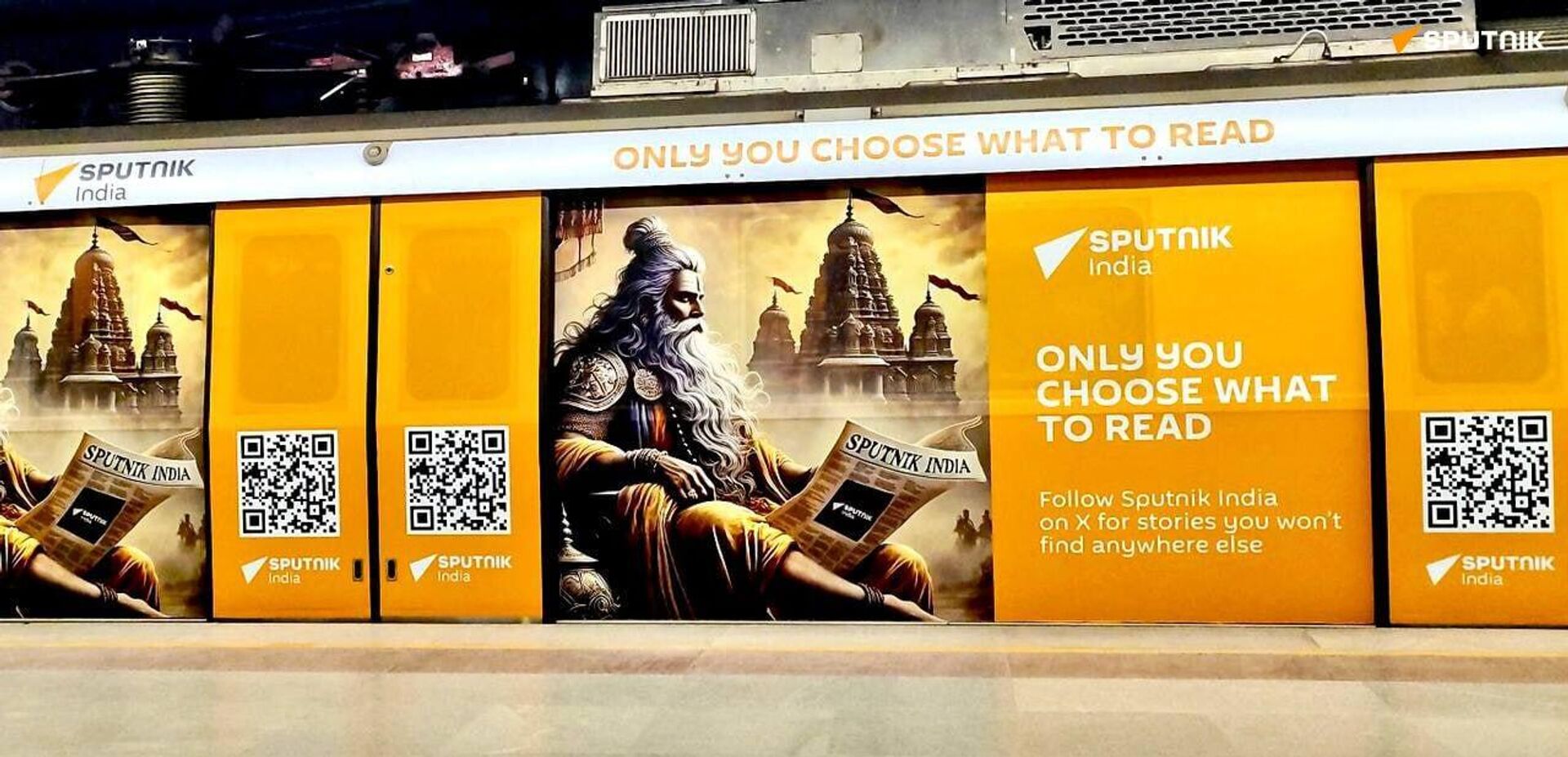 Trem da marca Sputnik Índia aparece no metrô de Deli