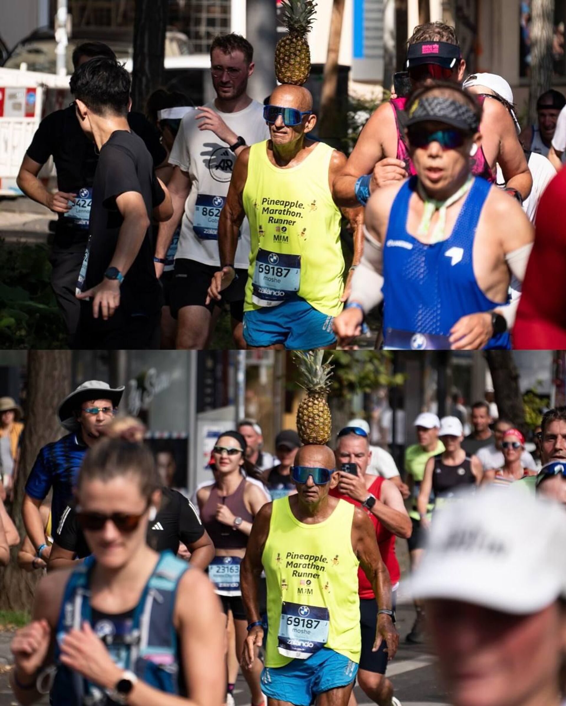 ‍Equilíbrio e resistência: corredor realiza Maratona de Berlim com abacaxi na cabeça