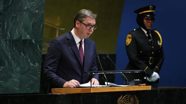 O presidente da Sérvia, Aleksandar Vucic, discursa na 80ª sessão da Assembleia Geral das Nações Unidas, em 24 de setembro de 2025 - Sputnik Brasil
