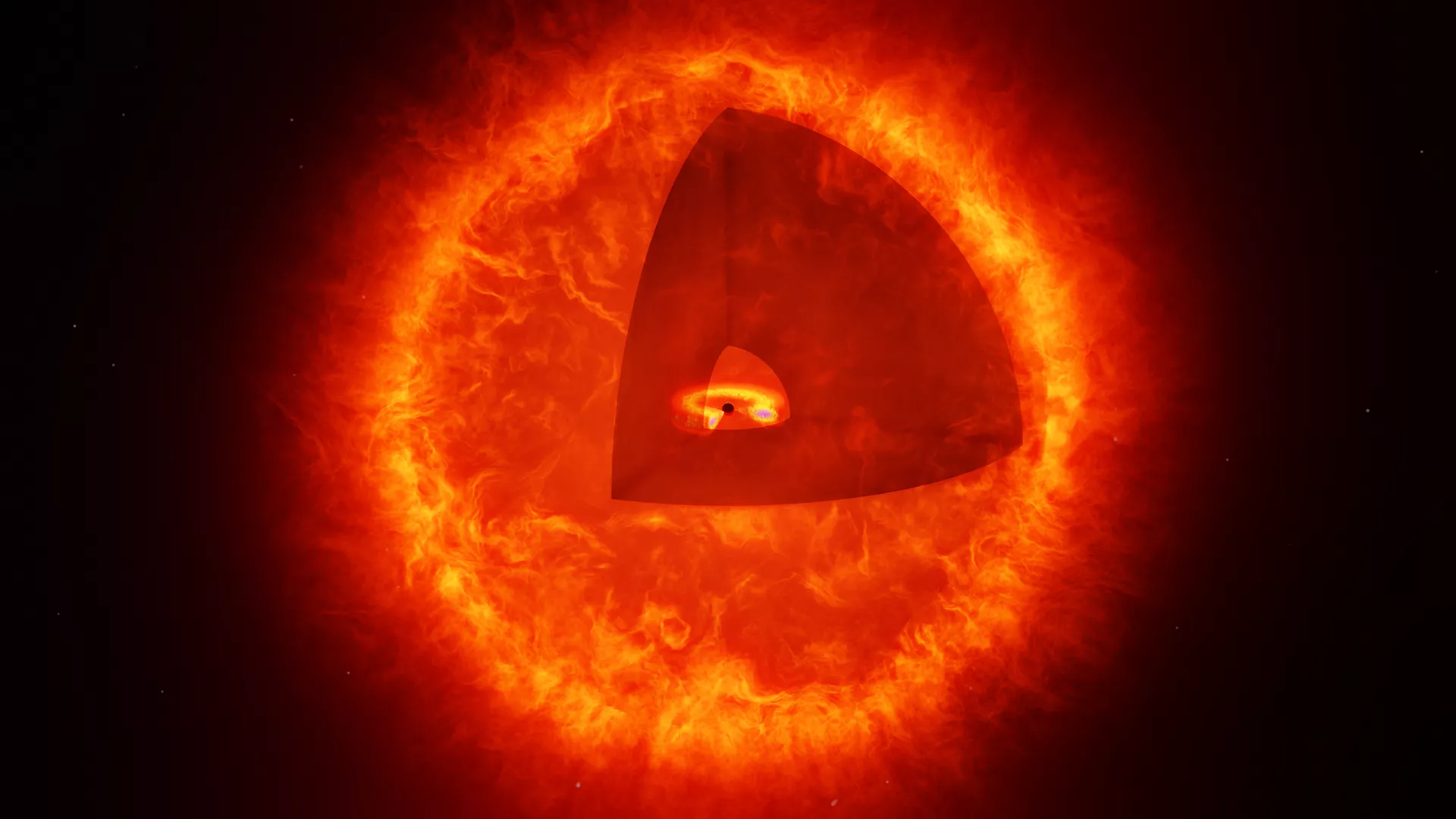 Impressão artística de uma estrela que parece um buraco negro (sem escala). O recorte revela o buraco negro central com seu disco de acreção circundante. O que a torna uma estrela que parece um buraco negro é o envoltório circundante de gás turbulento. Essa configuração pode explicar o que os astrônomos observam no objeto que eles chamam de O Penhasco - Sputnik Brasil, 1920, 28.09.2025