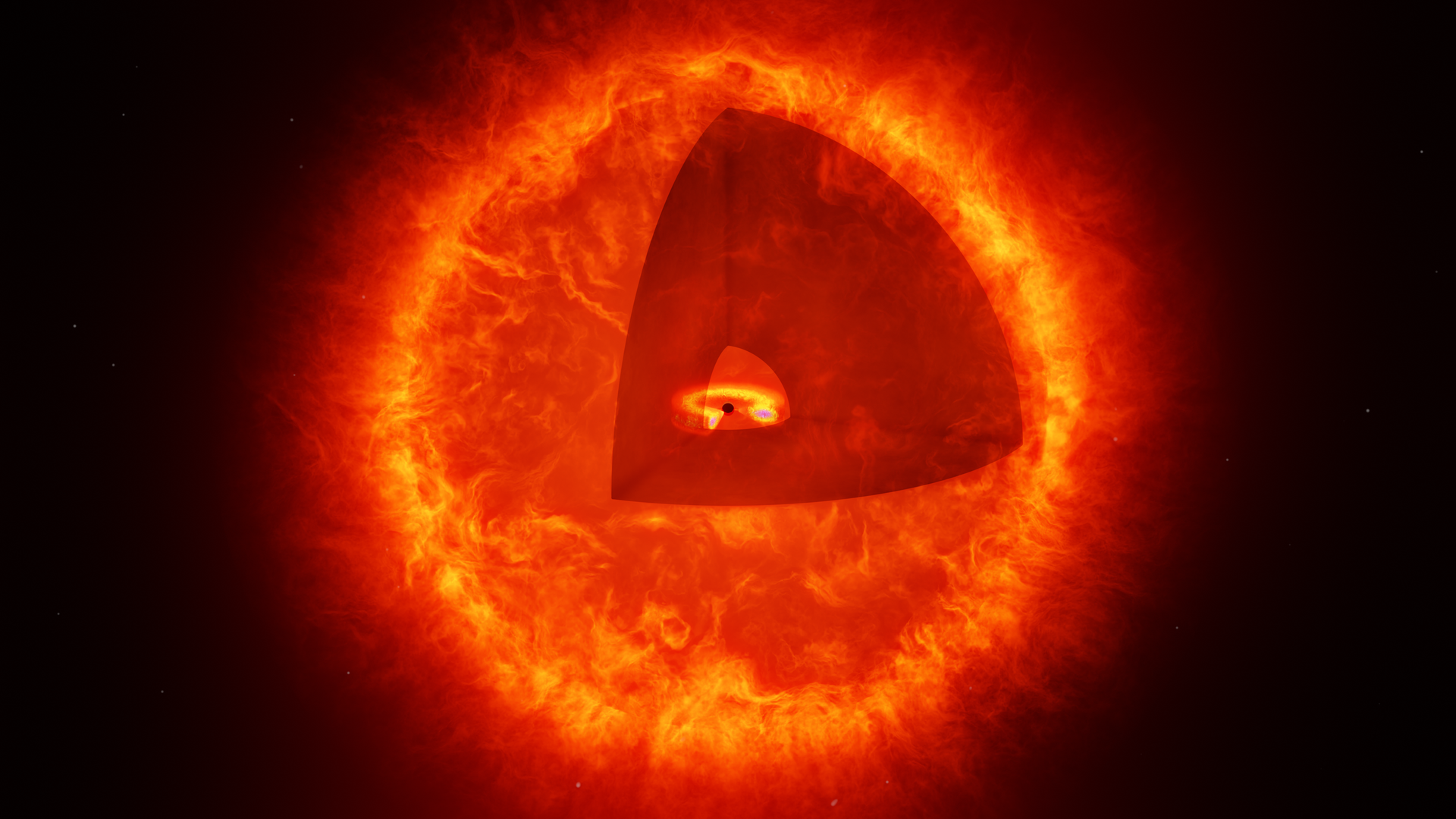 Impressão artística de uma estrela que parece um buraco negro (sem escala). O recorte revela o buraco negro central com seu disco de acreção circundante. O que a torna uma estrela que parece um buraco negro é o envoltório circundante de gás turbulento. Essa configuração pode explicar o que os astrônomos observam no objeto que eles chamam de O Penhasco