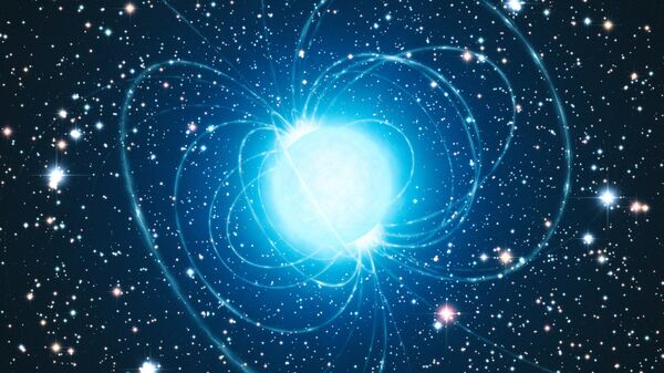 Esta impressão artística mostra o magnetar no aglomerado estelar jovem e muito rico Westerlund 1. Este notável aglomerado contém centenas de estrelas extremamente massivas, algumas brilhando com um brilho equivalente a quase um milhão de sóis - Sputnik Brasil