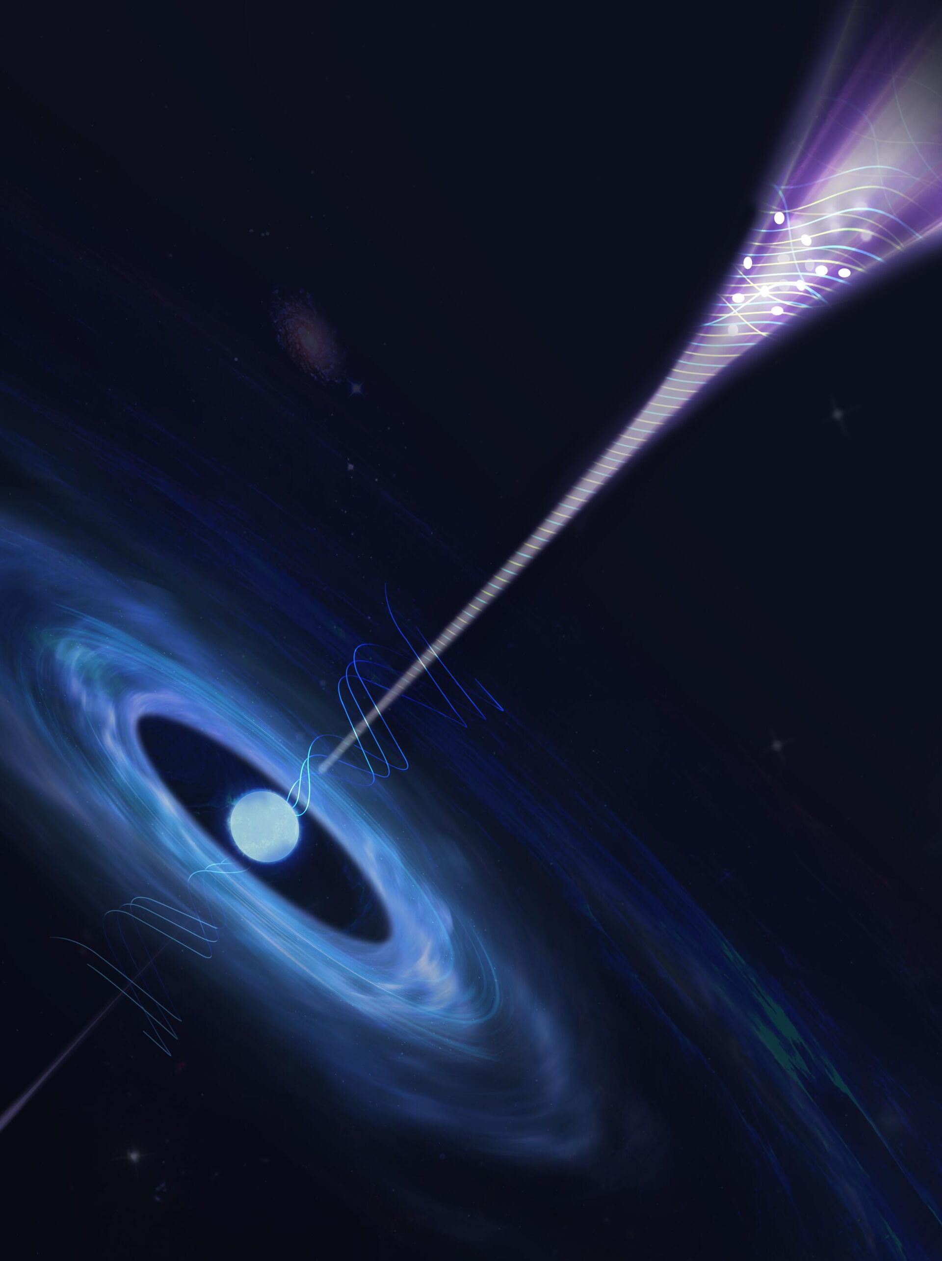 Uma ilustração artística do magnetar e do jato de explosão de raios gama Uma ilustração artística do magnetar e do jato de explosão de raios gama