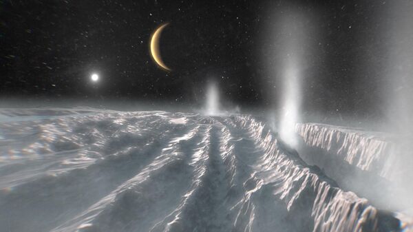 Impressão artística retrata plumas térmicas saindo da região polar sul da lua de Saturno, Encélado. Acredita-se que a camada de gelo da lua cubra um oceano global - Sputnik Brasil