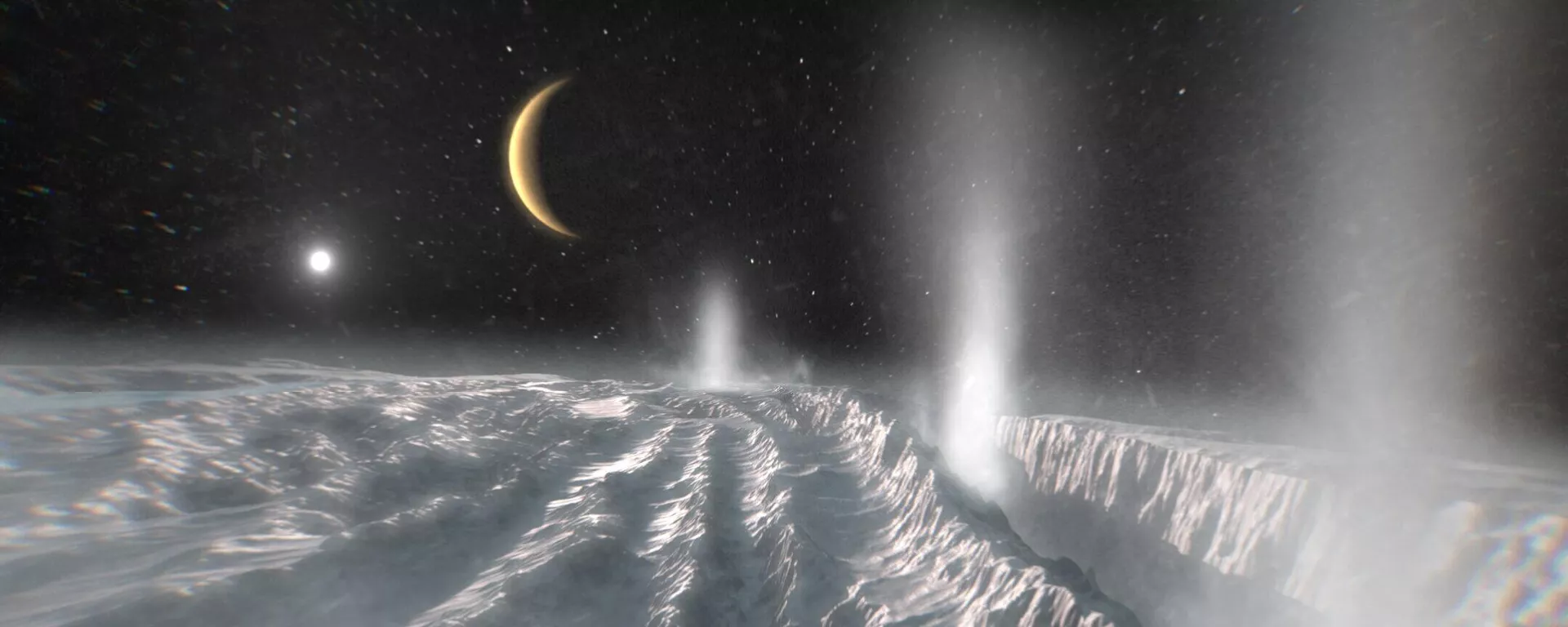 Impressão artística retrata plumas térmicas saindo da região polar sul da lua de Saturno, Encélado. Acredita-se que a camada de gelo da lua cubra um oceano global - Sputnik Brasil, 1920, 02.10.2025