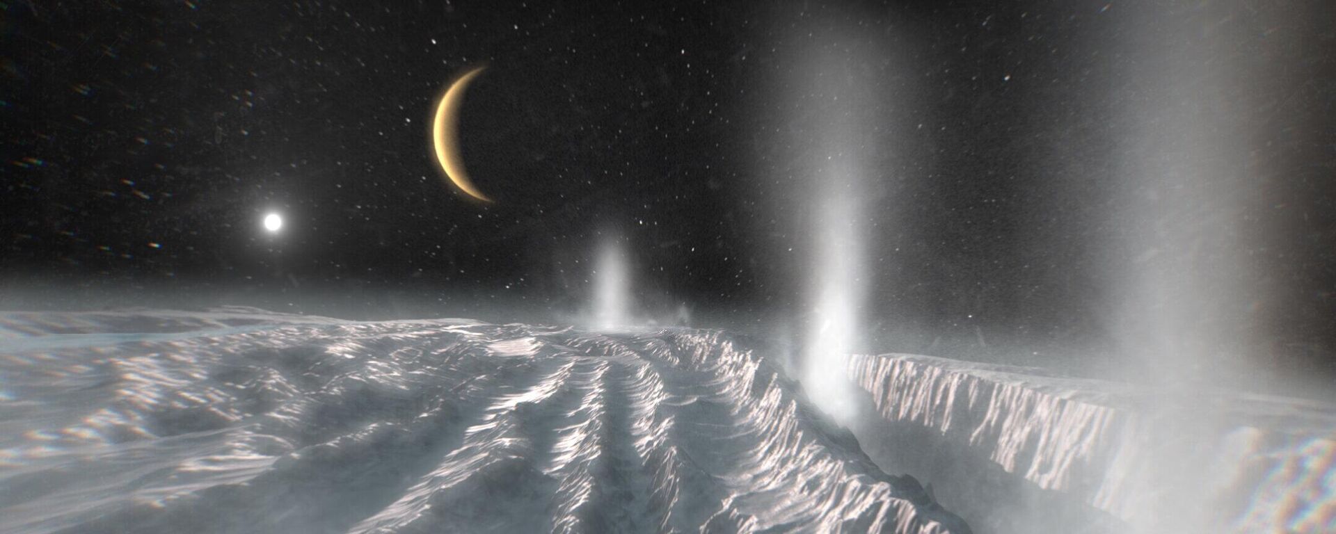 Impressão artística retrata plumas térmicas saindo da região polar sul da lua de Saturno, Encélado. Acredita-se que a camada de gelo da lua cubra um oceano global - Sputnik Brasil, 1920, 02.10.2025